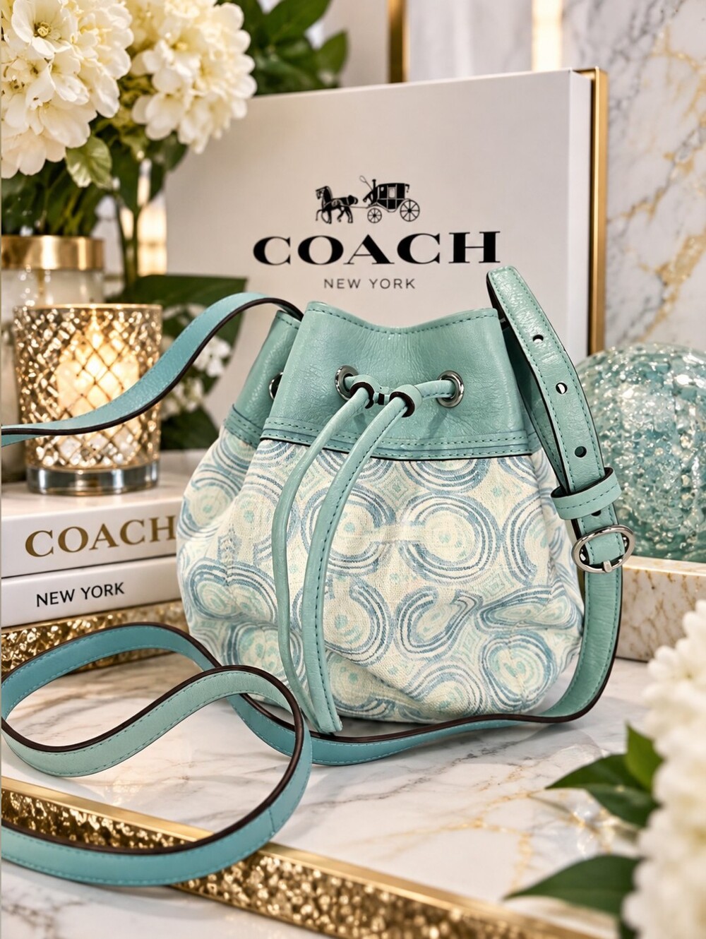 Coach Audrey Op Art Swirl Drawstring Crossbody Bag – Aqua/Mint